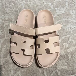 Neutral tan Slide Sandals with Cutout Strap